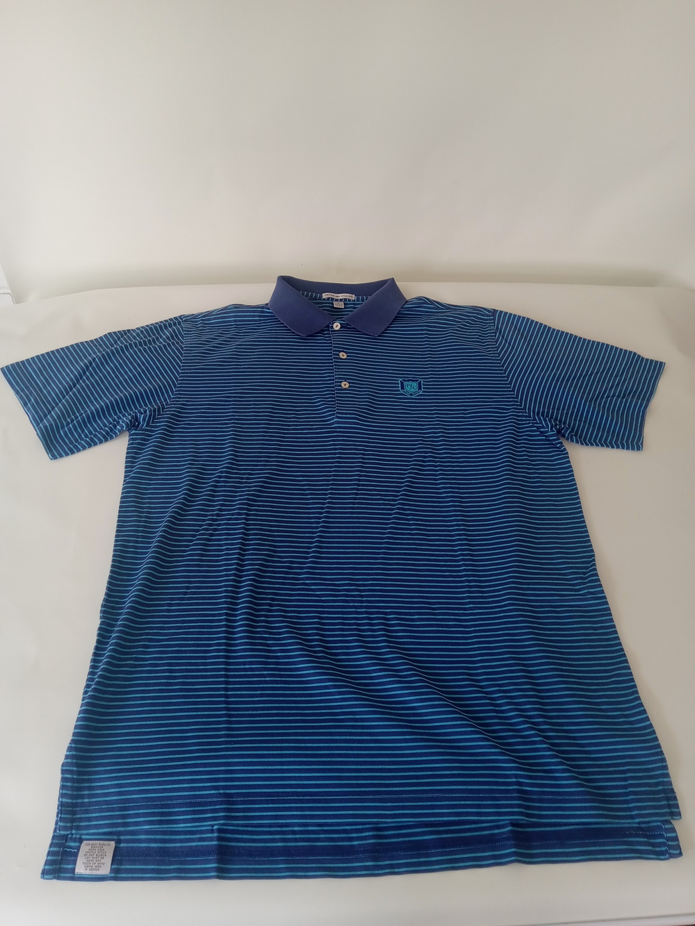 Peter Millar Blue Striped Cotton Polo  Collar Pittsburgh Field Club Emblem Sz L